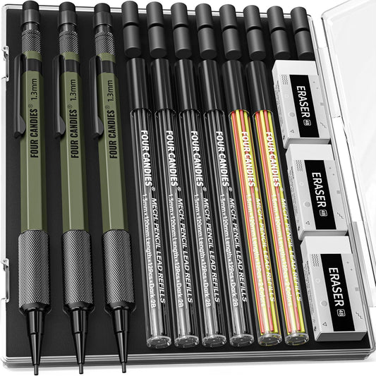 Four Candies 1.3mm Metal Mechanical Pencil Set with 72 Lead Refills, 3-Pack