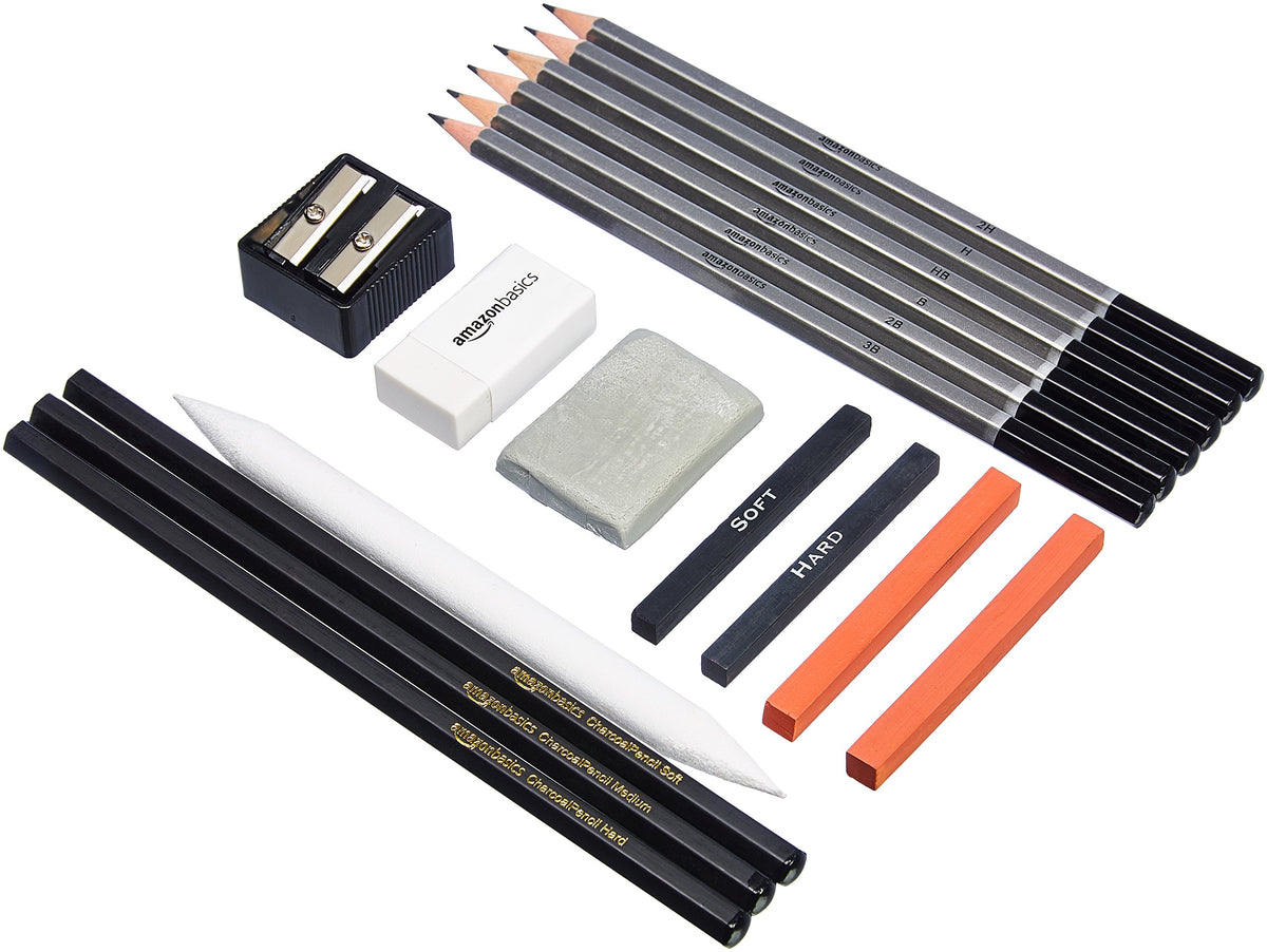 Amazon Basics Sketching and Drawing Art Pencil Kit, 17-Piece Set for Artists, Drawing Supplies with Pencils, Charcoal, Erasers, Sharpener for Shading, Black, White