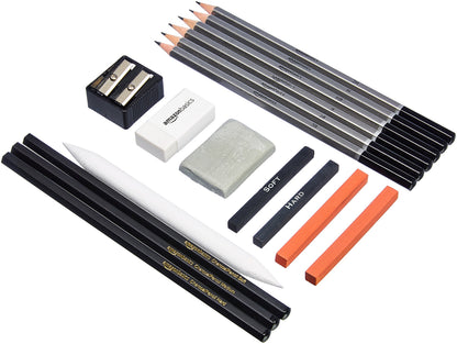 Amazon Basics Sketching and Drawing Art Pencil Kit, 17-Piece Set for Artists, Drawing Supplies with Pencils, Charcoal, Erasers, Sharpener for Shading, Black, White
