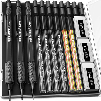 Four Candies 1.3mm Metal Mechanical Pencil Set with 72 Lead Refills, 3-Pack