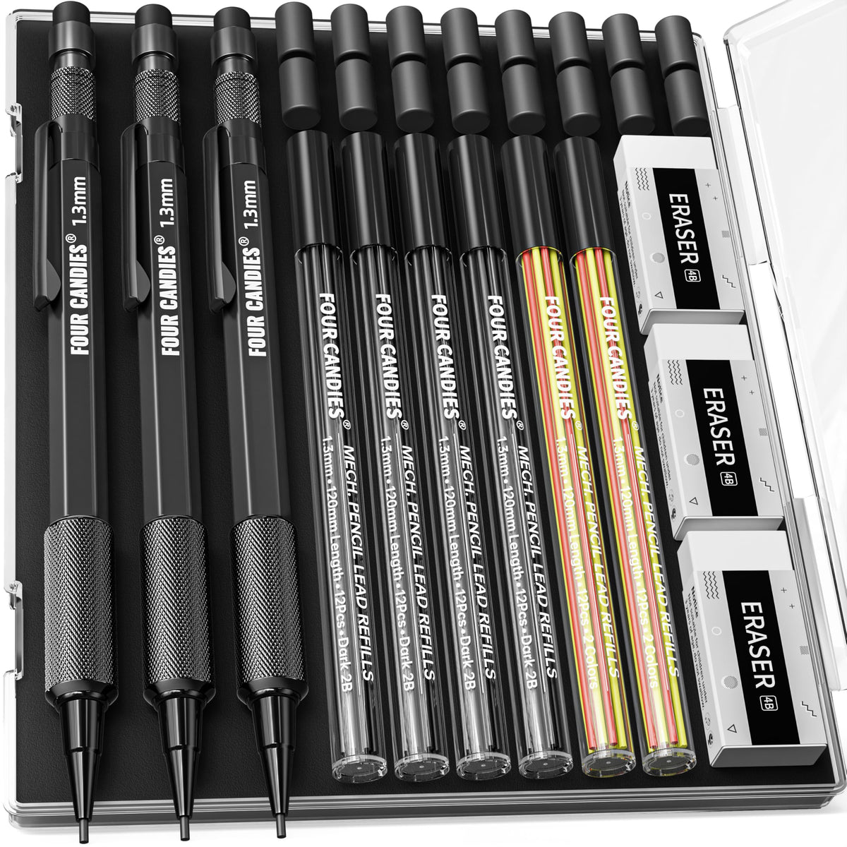 Four Candies 1.3mm Metal Mechanical Pencil Set with 72 Lead Refills, 3-Pack