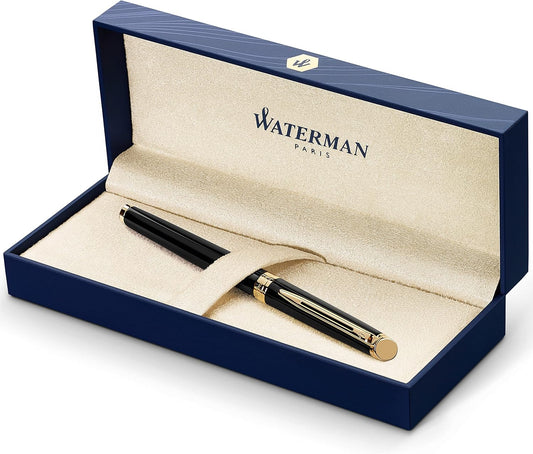 Waterman Hemisphere Fountain Pen Black with Gold Trim Medium Nib Blue Ink Gift Box