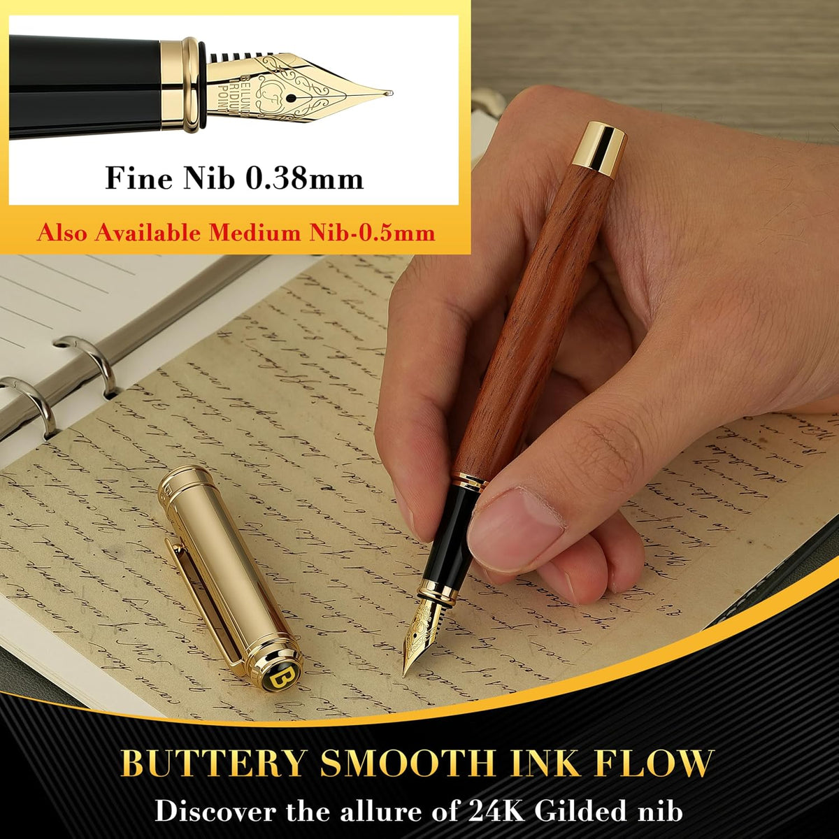BEILUNER 316 Fountain Pen,Stunning Luxury,24K Gilded Nib(Fine)-Rosewood