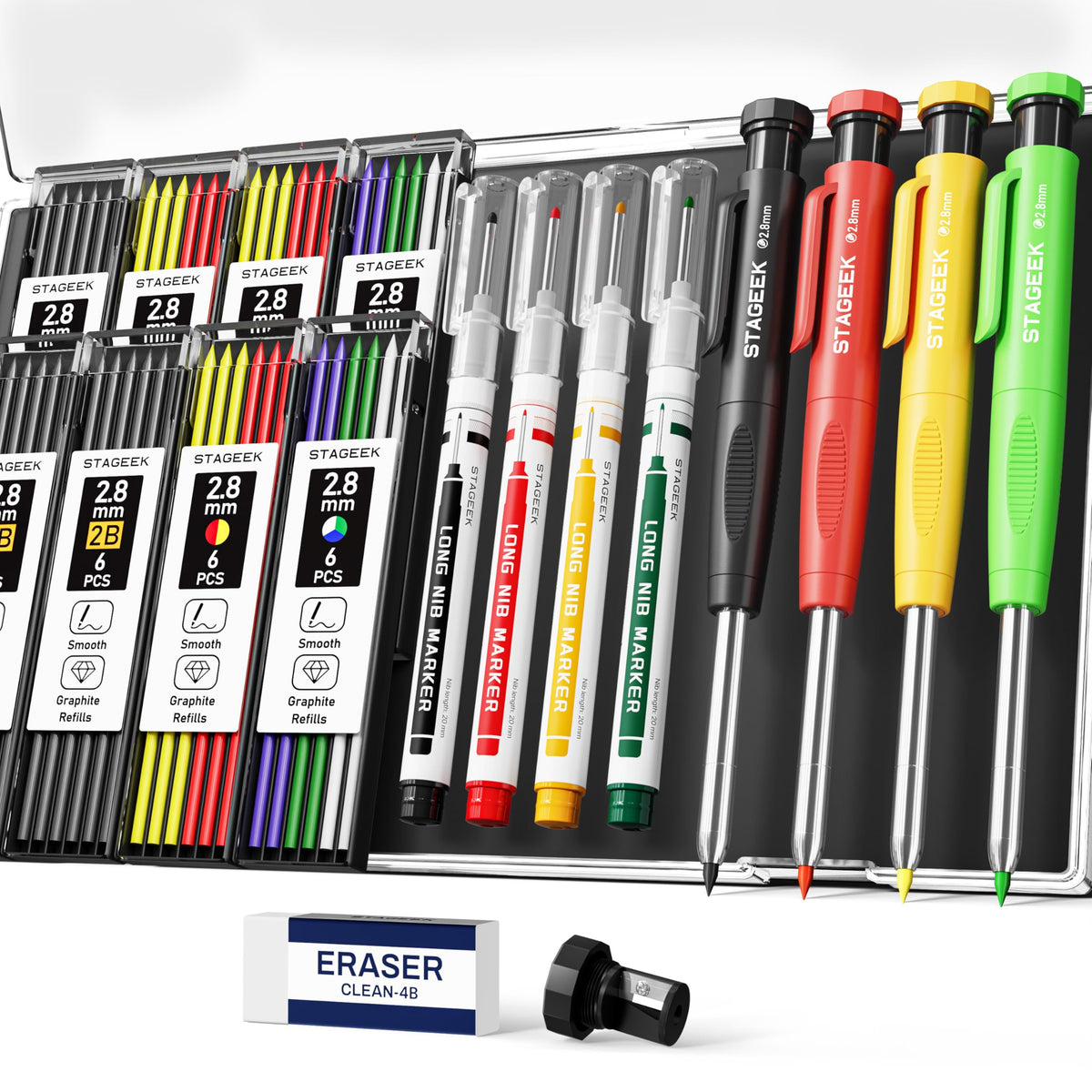 STAGEEK 2.8mm Carpenter Pencils with Sharpener, 2-Pack, Storage Case